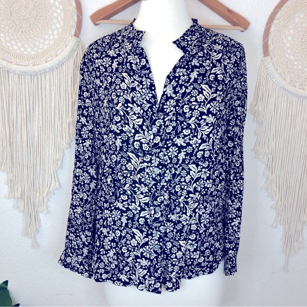 J. Crew cream & black floral print button up blouse medium